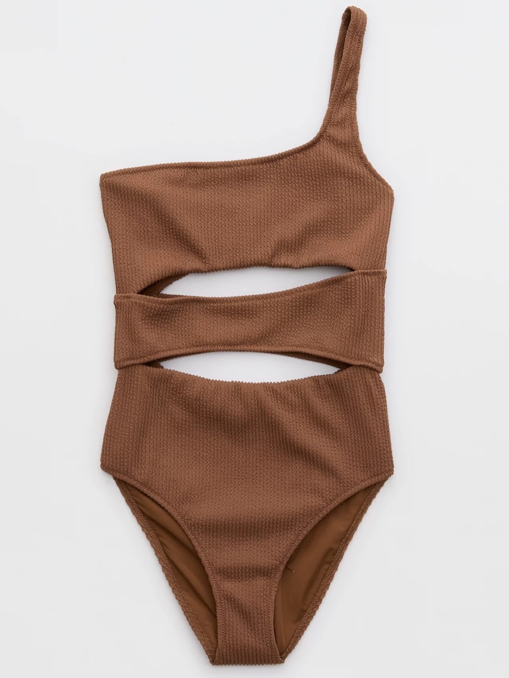 aerie One-Shoulder Crinkle Cutout One-Piece Swimsuit - Brown, size medium